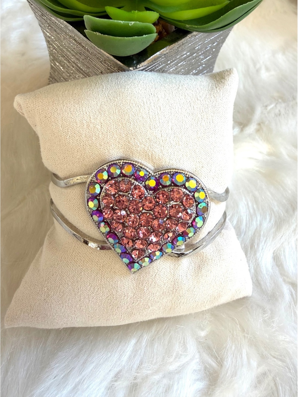 Paparazzi Silver Tone Pink Heart Rhinestone Cuff Bracelet